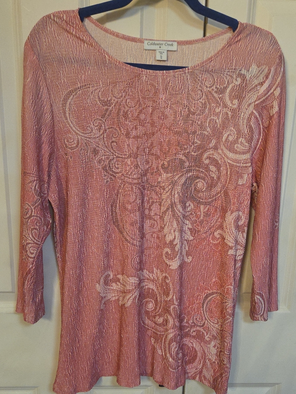 Coldwater Creek Rose-Pink Scroll Print Long-Sleeve Tunic